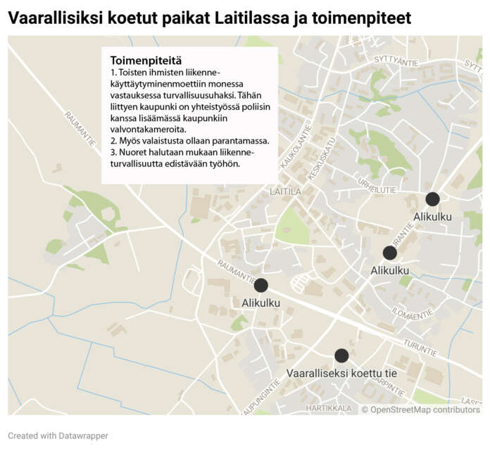 Karttaan on merkitty sekä vaaralliseksi koettu Garpintie että alikulkutunnelit, jotka nousivat esiin monissa vastauksissa.